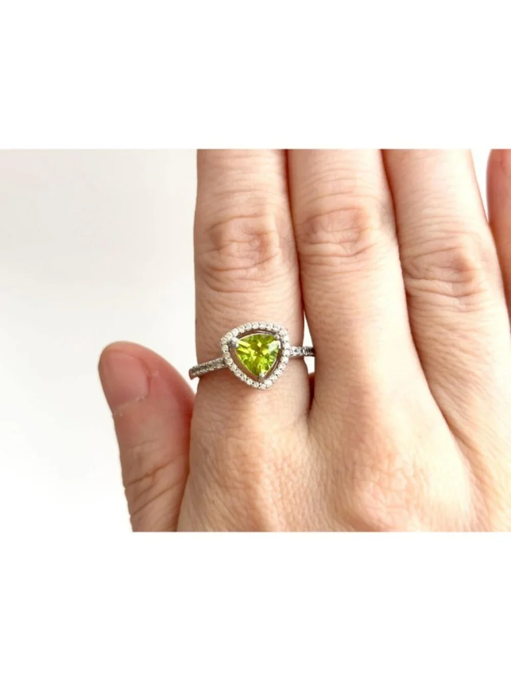 Trillion Cut Peridot Gemstone Halo CZ Sterling Silver 925 Vintage Ring - sz 8
